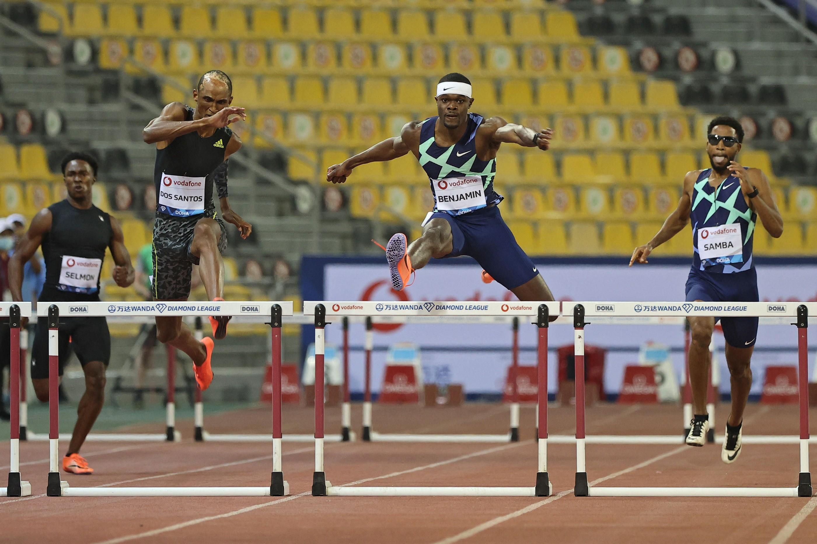 Rai Benjamin wins the Wanda Diamond League 400m hurdles in Doha