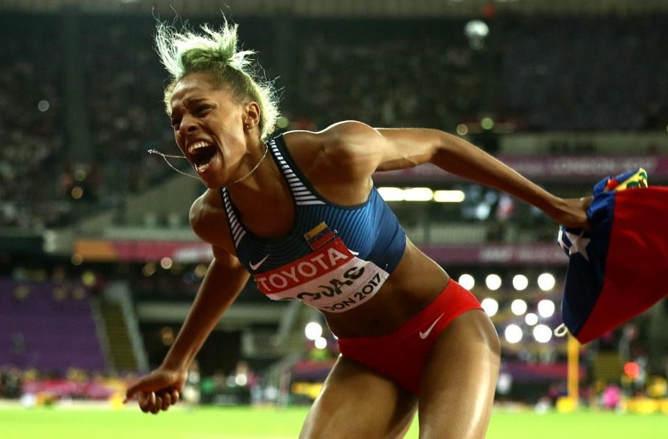 Yulimar Rojas celebrates her triple jump victory at the IAAF World Championships London 2017