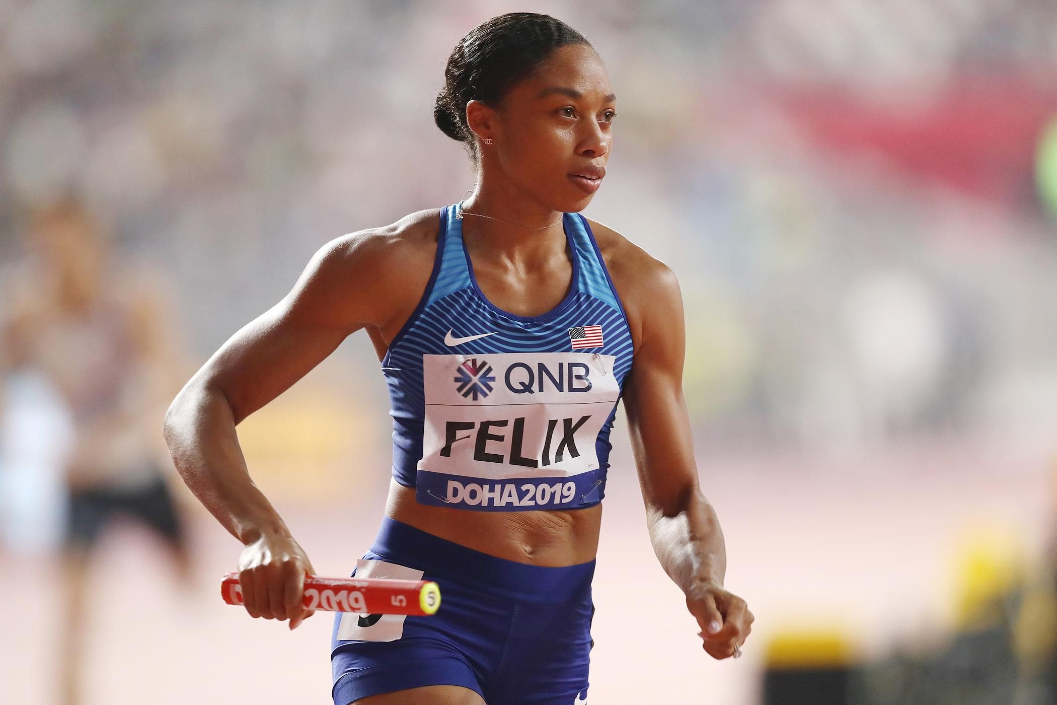 Allyson Felix in the mixed 4x400m at the IAAF World Athletics Championships Doha 2019