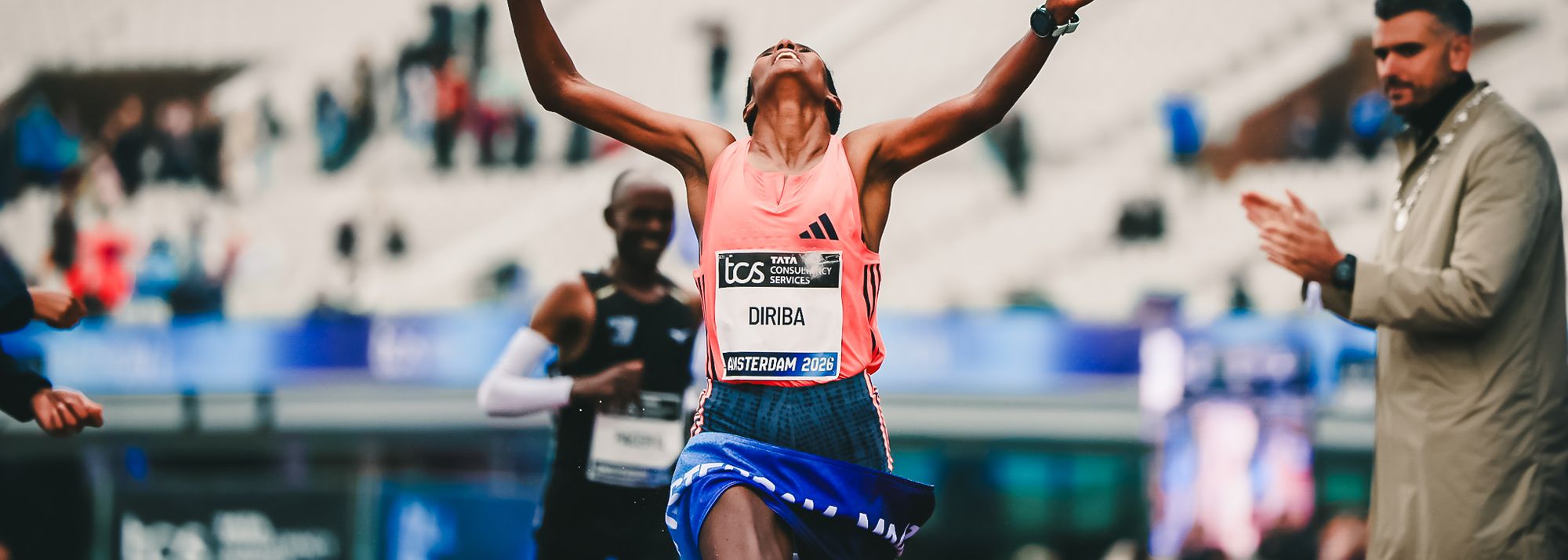 Buze Diriba ran a course record of 2:16:12 and Lemi Berhanu threatened the men’s mark by running 2:03:33 to win at the TCS Amsterdam Marathon