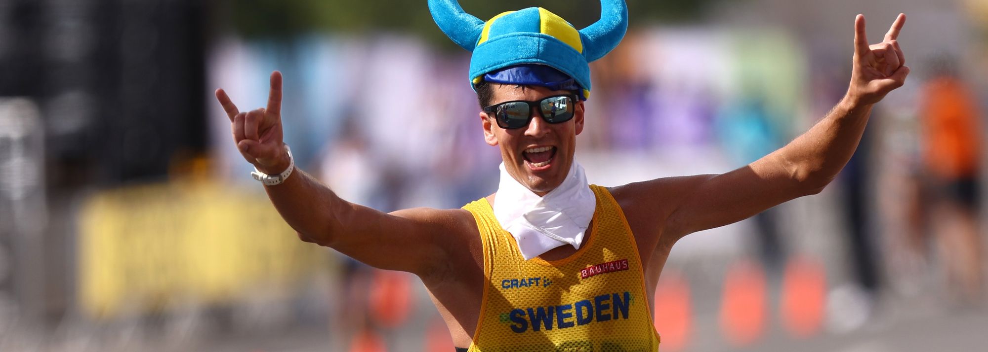 Donning a novelty Swedish Viking hat in the final few hundred metres of a race has become something of a trademark for Swedish race walker Perseus Karlstrom.