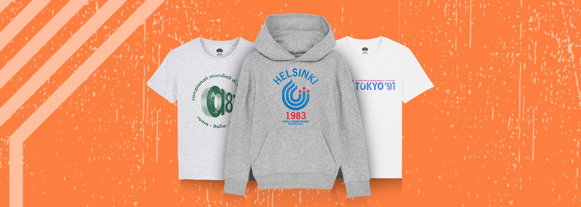 T-shirts, sweatshirts and hoodies feature iconic logos from the Helsinki 1983, Rome 1987 and Tokyo 1991 World Championships
