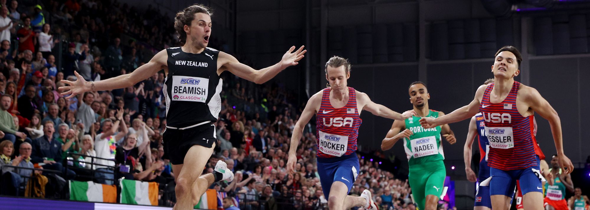 New Zealand’s Geordie Beamish produced an extraordinary finish to win the men’s 1500m title from lane three