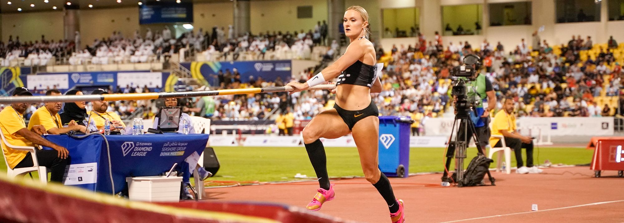 Three reigning world pole vault champions will clash at the Wanda Diamond League meeting in Doha