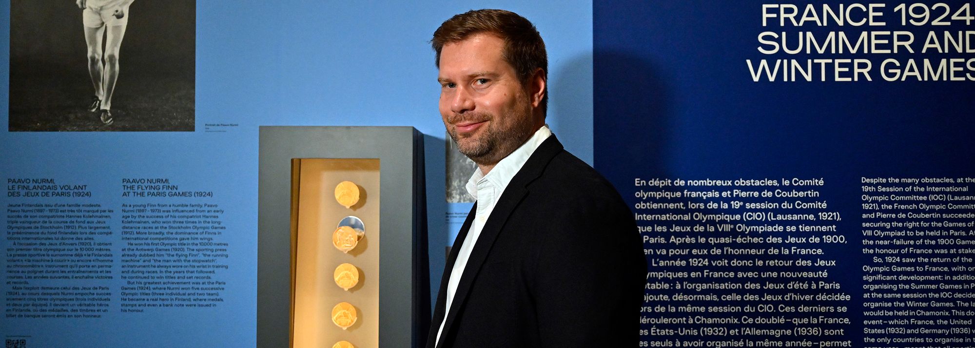 Mika Nurmi was in the heart of the French capital for the public opening of an exhibition in which his grandfather's Paris 1924 Olympic gold medals are the centrepiece