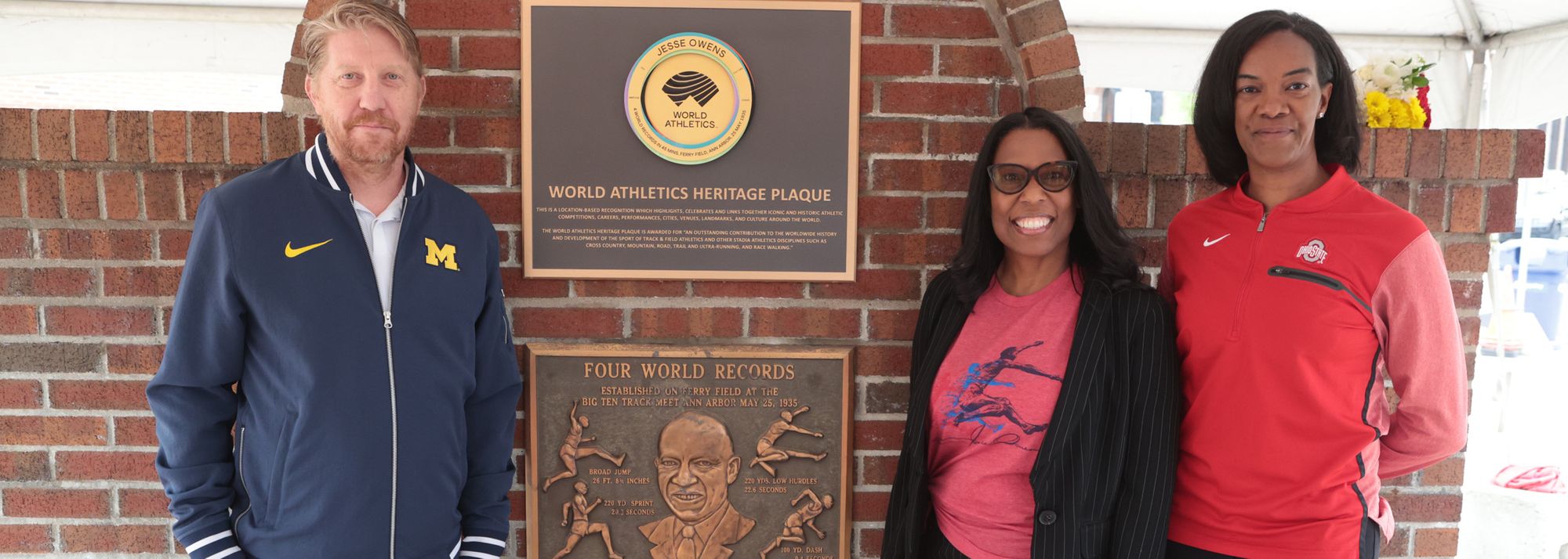 The World Athletics Heritage Plaque honouring Jesse Owens’ Day of Days at Ferry Field was unveiled by Owens’ granddaughter Marlene Dortch and Michigan’s Athletic Director Warde Manuel on Thursday (9)