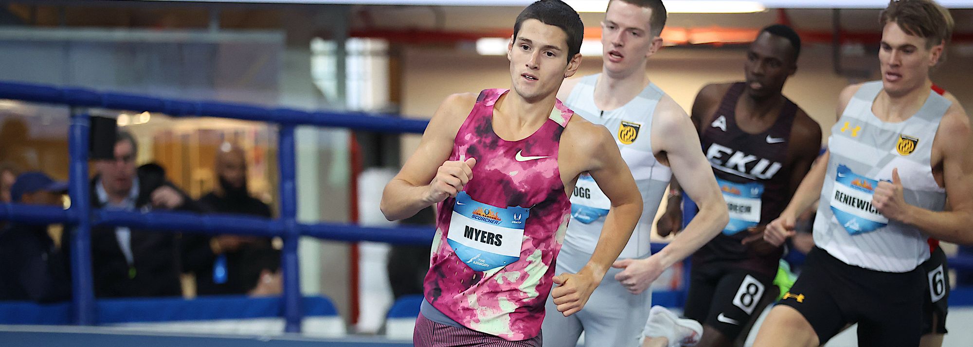 World U20 1500m silver medallist Cameron Myers took almost two seconds off the world U20 indoor mile record with his 3:53.12 victory at the Dr Sander Invitational