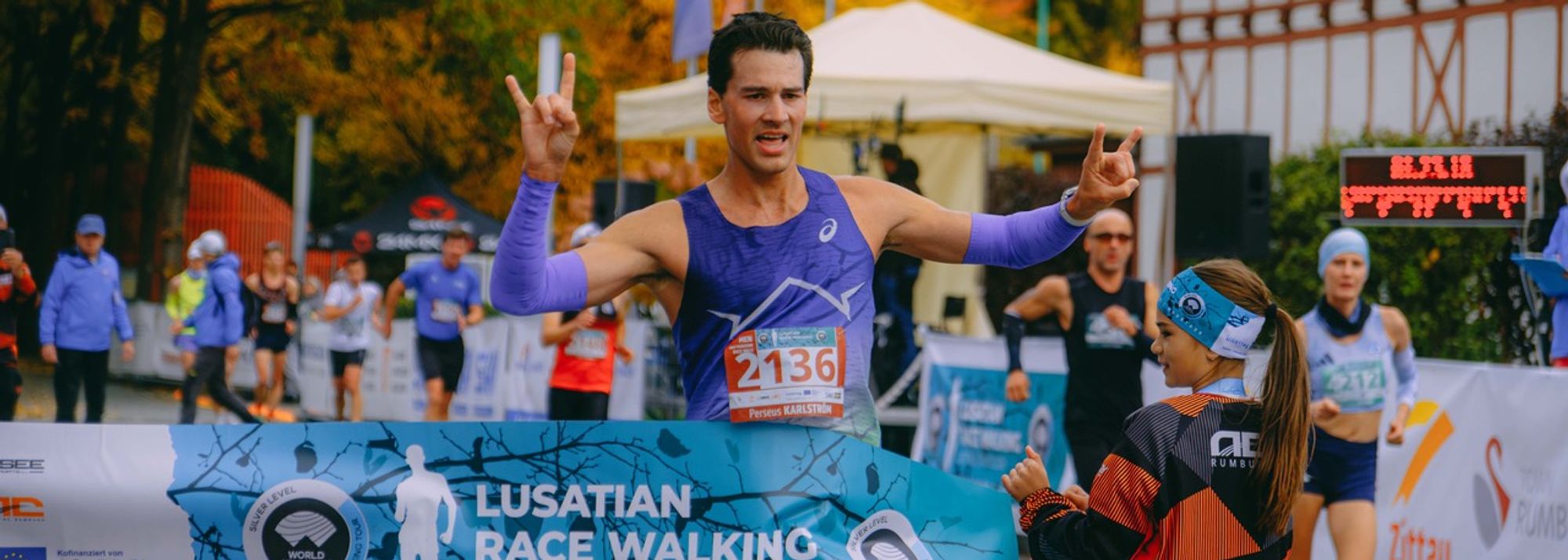 Perseus Karlström set a Swedish and course record to secure a scintillating half marathon race walk win at the Lusatian Race Walking meeting, a World Athletics Race Walking Tour Silver event, in Zittau