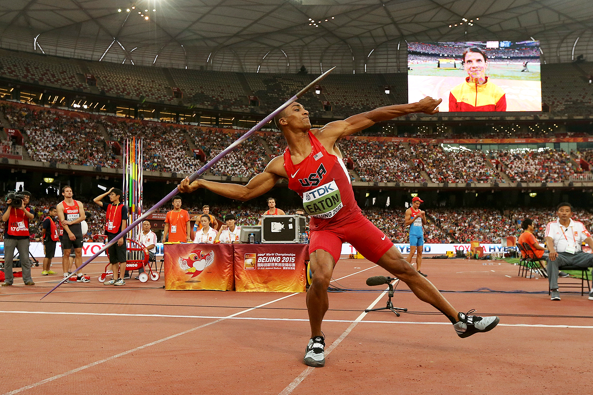 Ashton Eaton in the decathlon javelin at the IAAF World Championships Beijing 2015