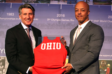 Stuart Rankin, the grandson of Jesse Owens, with an Ohio State vest that was worn by his grandfather