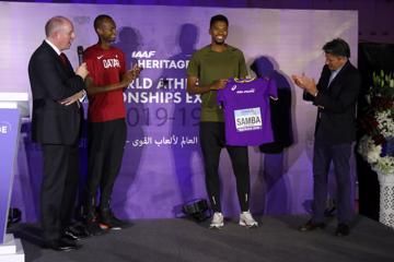 Mutaz Essa Barshim and Abderrahman Samba at the IAAF Heritage Exhibition launch in Doha