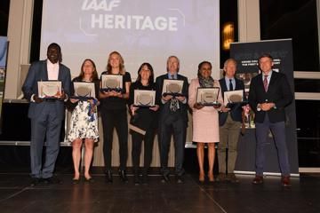 IAAF Heritage Trophies: 7 mutliple World Cross Country Champions on stage at the IAAF Dinner in Aarhus