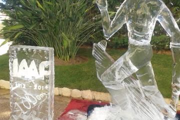 Ice sculpture of a runner and IAAF logo at the IAAF Centenary party at the Palace