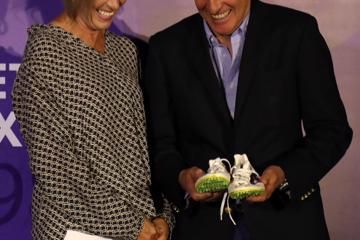 Liz McColgan and IAAF President Sebastian Coe share a laugh at the IAAF Heritage Exhibition opening in Doha