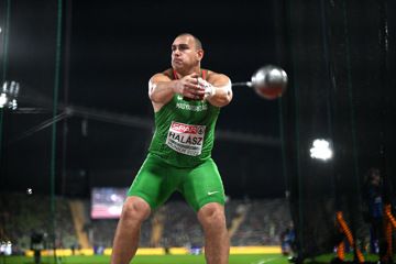 Bence Halász competes in the Men's Hammer Throw Final of the Munich 2022 European Athletics Championships.