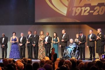 IAAF President Lamine Diack with some of the inaugural members of the IAAF Hall of Fame at the IAAF Centenary Gala in Barcelona