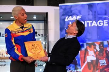 IAAF President Sebastian Coe (r) with two-time world indoor triple jump champion Yulimar Rojas at the IAAF Heritage Collection launch in Birmingham