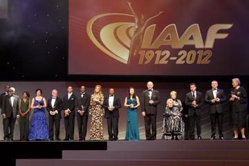 2012 World Athlete of the Year Usain Bolt and IAAF Hall of Fame members at the IAAF Centenary Gala in Barcelona