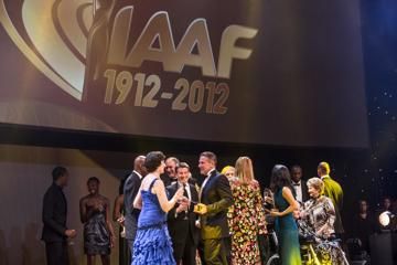 Inaugural IAAF Hall of Fame members and 2012 IAAF award winners on stage at the IAAF Centenary Gala in Barcelona