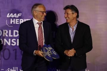 Olympic championships Lasse Viren and Sebastian Coe at the IAAF Heritage exhibition opening in Doha