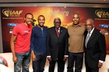Historical hurdling gathering, from left: Aries Merritt, Colin Jackson, IAAF President Lamine Diack, Renaldo Nehemiah and Harrison Dillard